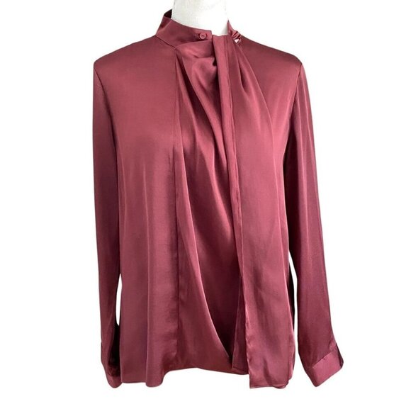 MASSIMO DUTTI BURGUNDY BROWN TIE NECK SATIN BLOUSE - 6 - Picture 1 of 12